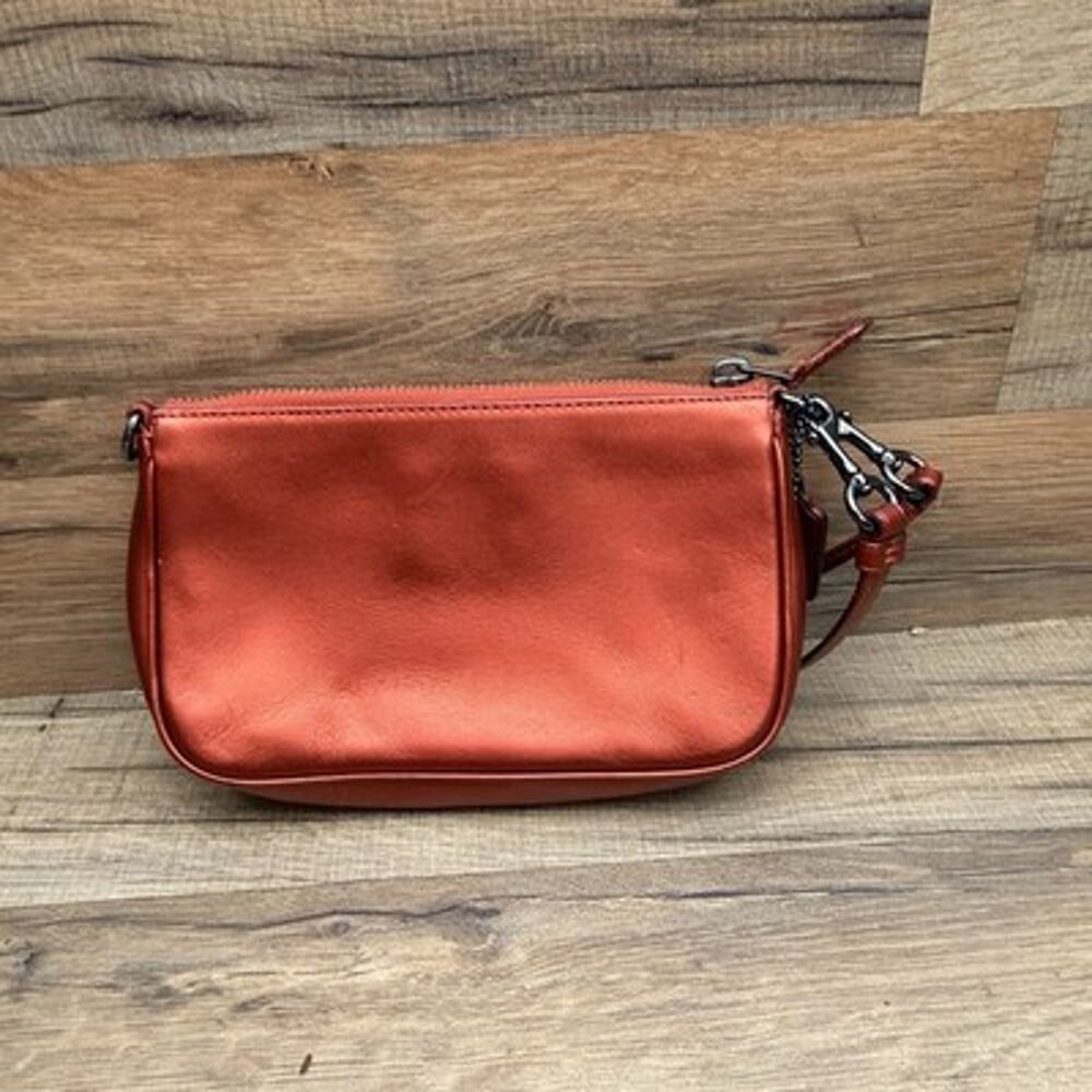 Coach Metallic Copper Leather Wristlet Pouch Clutch Purse Zip Top Gunmetal